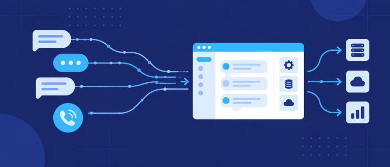 Illustration of customer messages and calls flowing into a business software platform, representing CPaaS